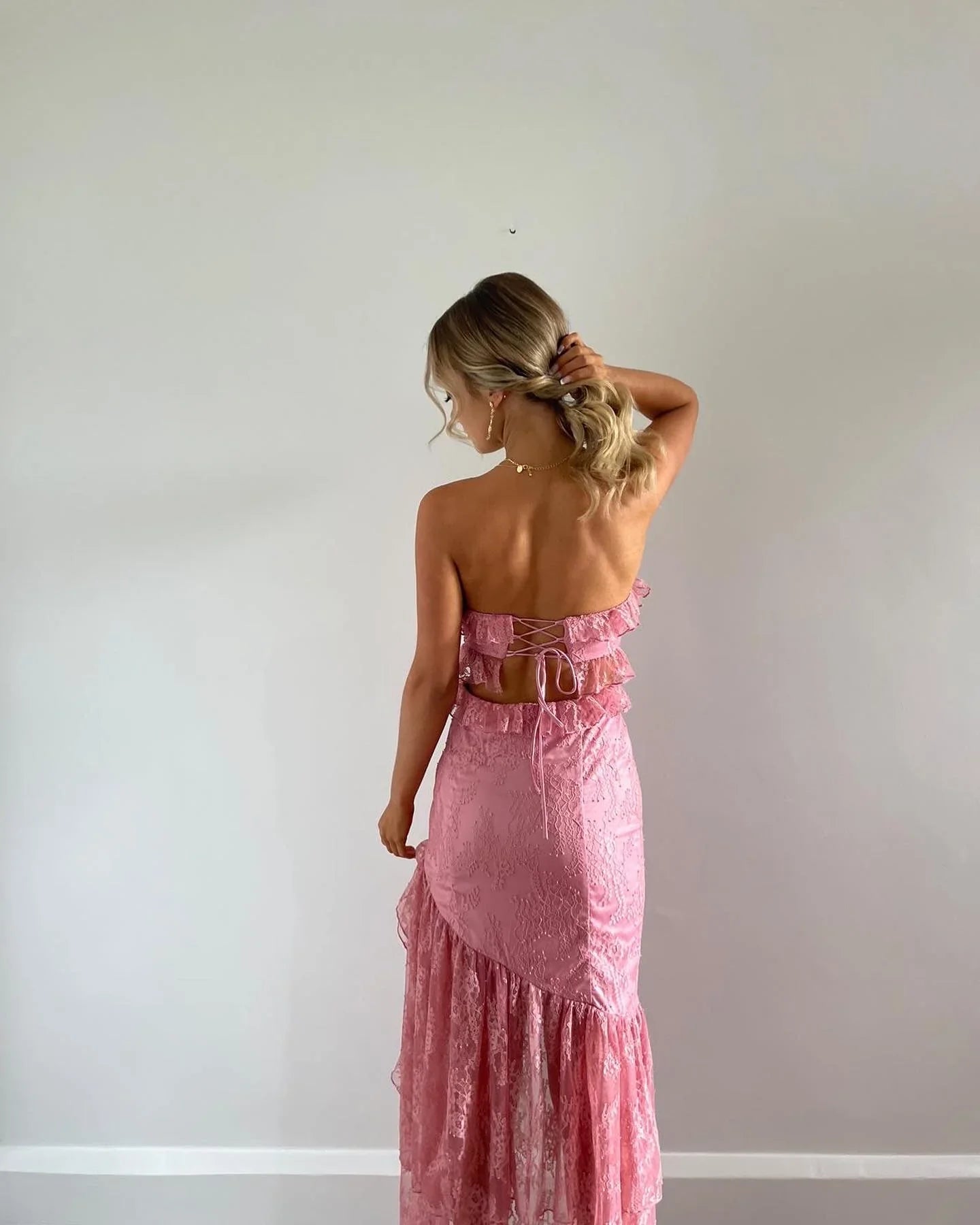 Weitese Formal Wear Dresses Pink Strapless Cut Out Lace High-Low Sweet Party Dress Stores With Prom Dresses Formal Women's Dresses