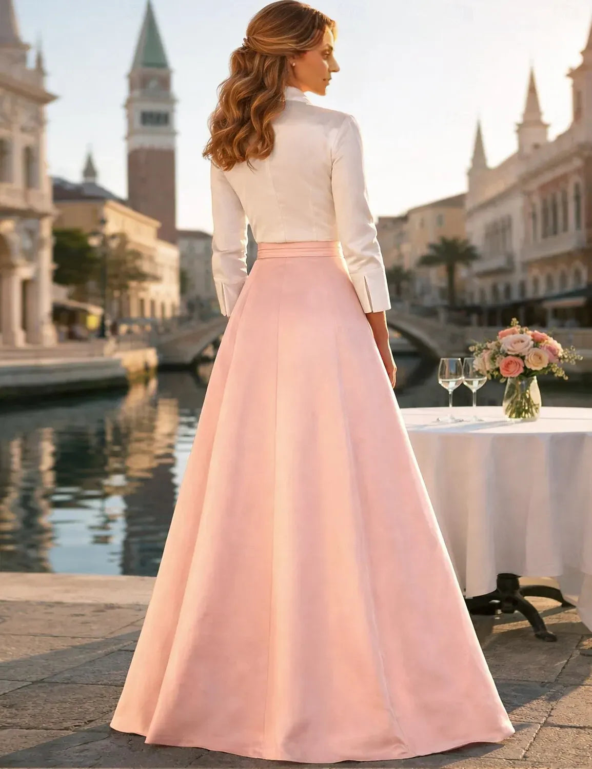 Cute A-Line 3/4 Length Sleeve Shirt Collar Satin Bow Floor-Length Mother of the Bride Dress