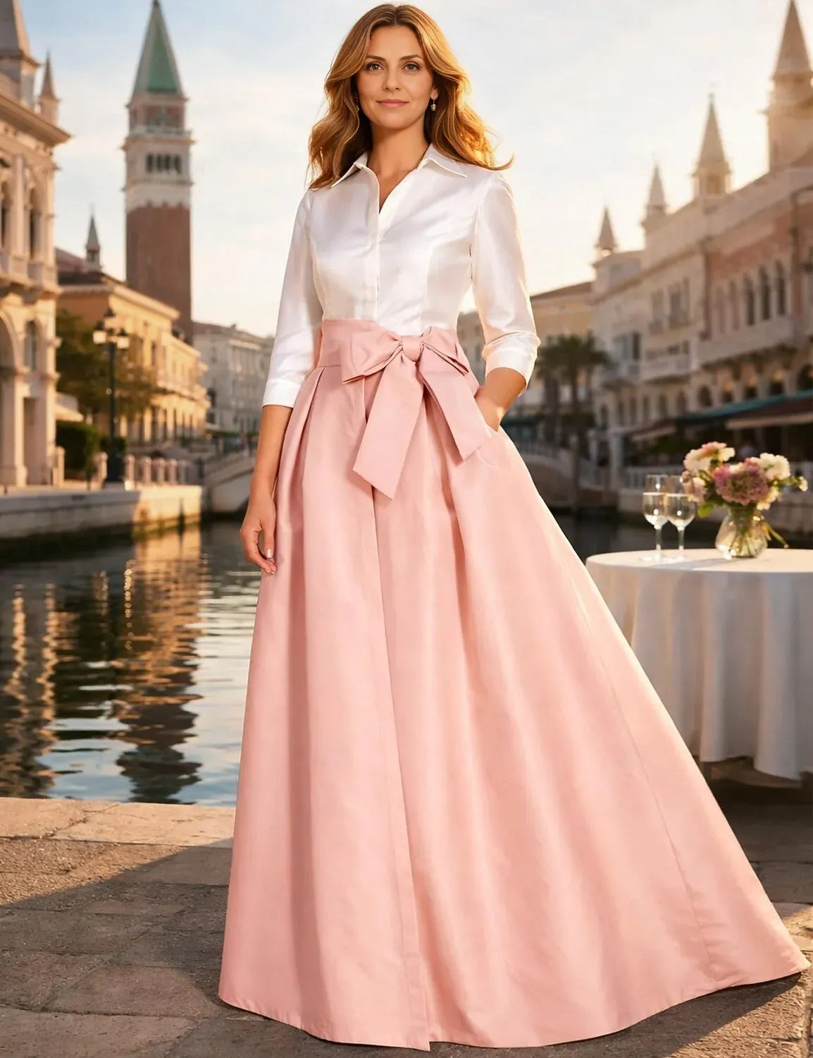 Cute A-Line 3/4 Length Sleeve Shirt Collar Satin Bow Floor-Length Mother of the Bride Dress