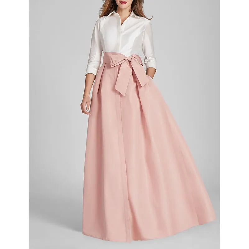 Cute A-Line 3/4 Length Sleeve Shirt Collar Satin Bow Floor-Length Mother of the Bride Dress