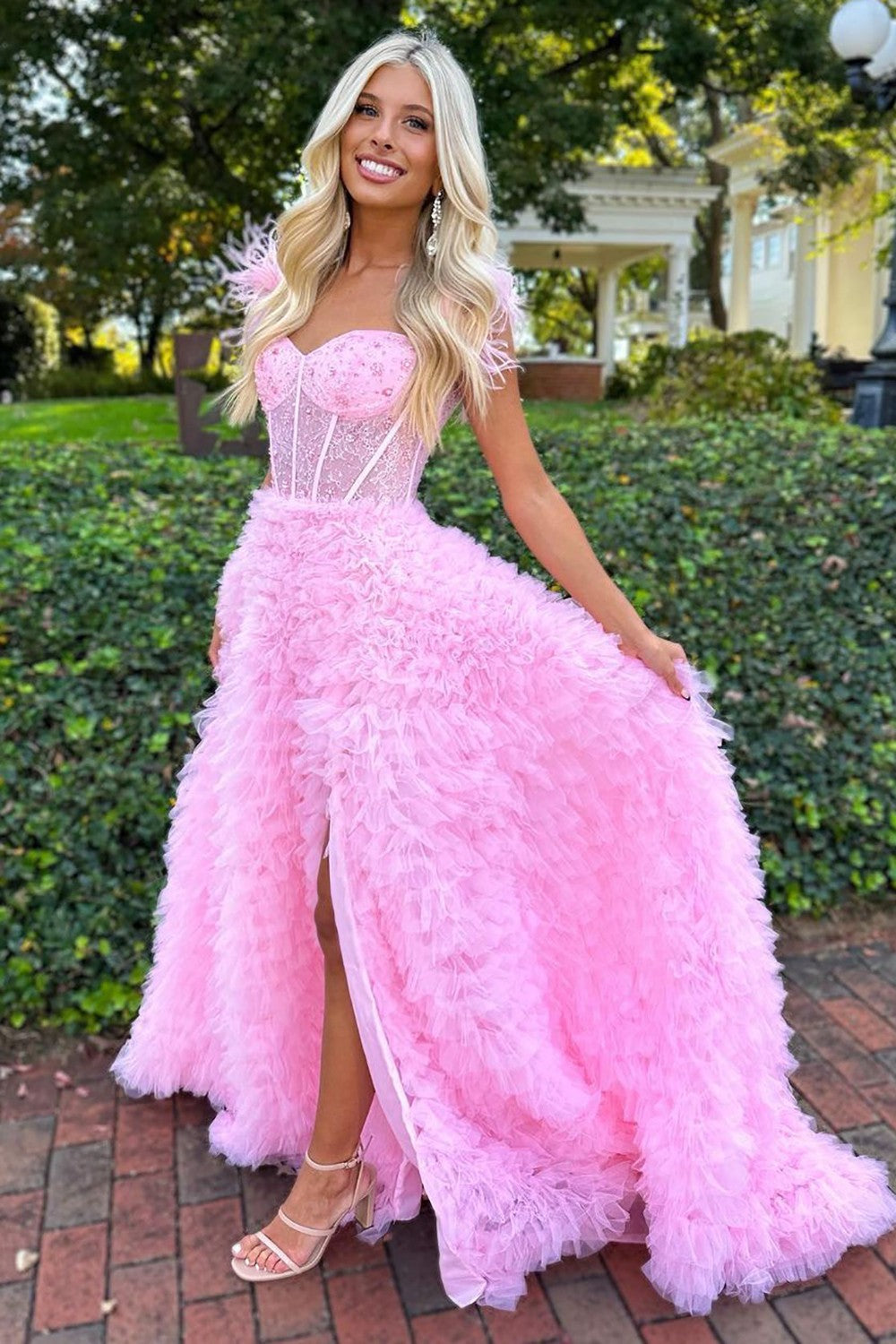 Weitese Stunning A-Line Feather Straps Long Ruffle Tulle Prom Dress With Split