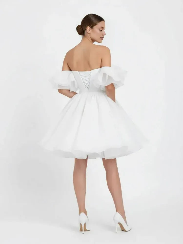 Cute A-Line Off-The-Shoulder Sleeveless Pleated Organza Short Mini Wedding Dress