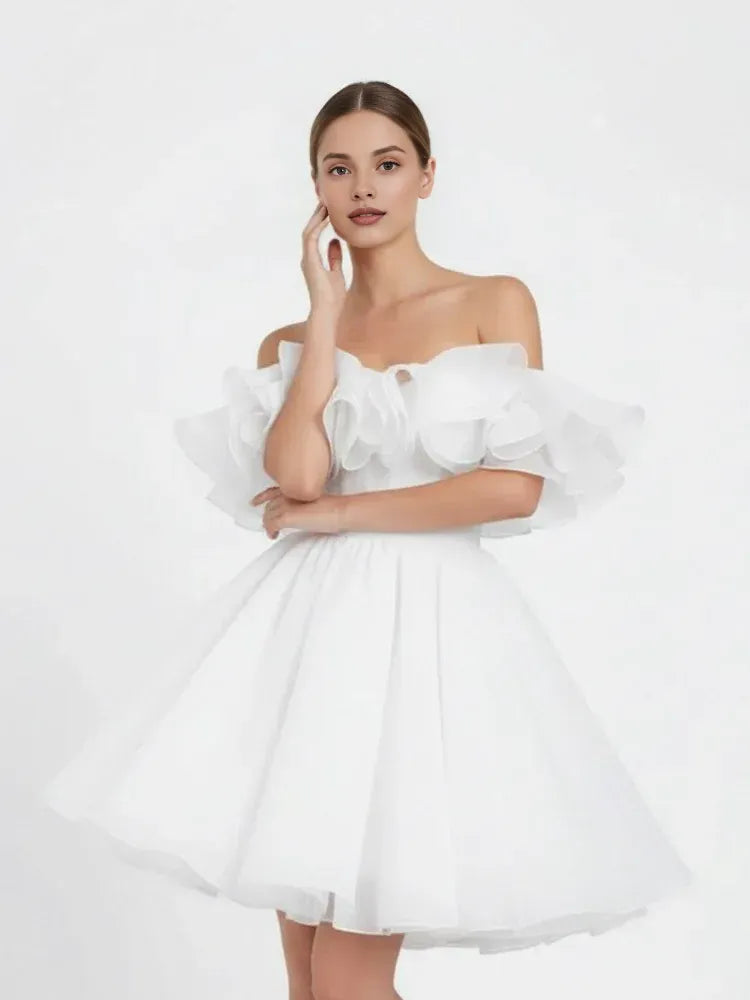 Cute A-Line Off-The-Shoulder Sleeveless Pleated Organza Short Mini Wedding Dress