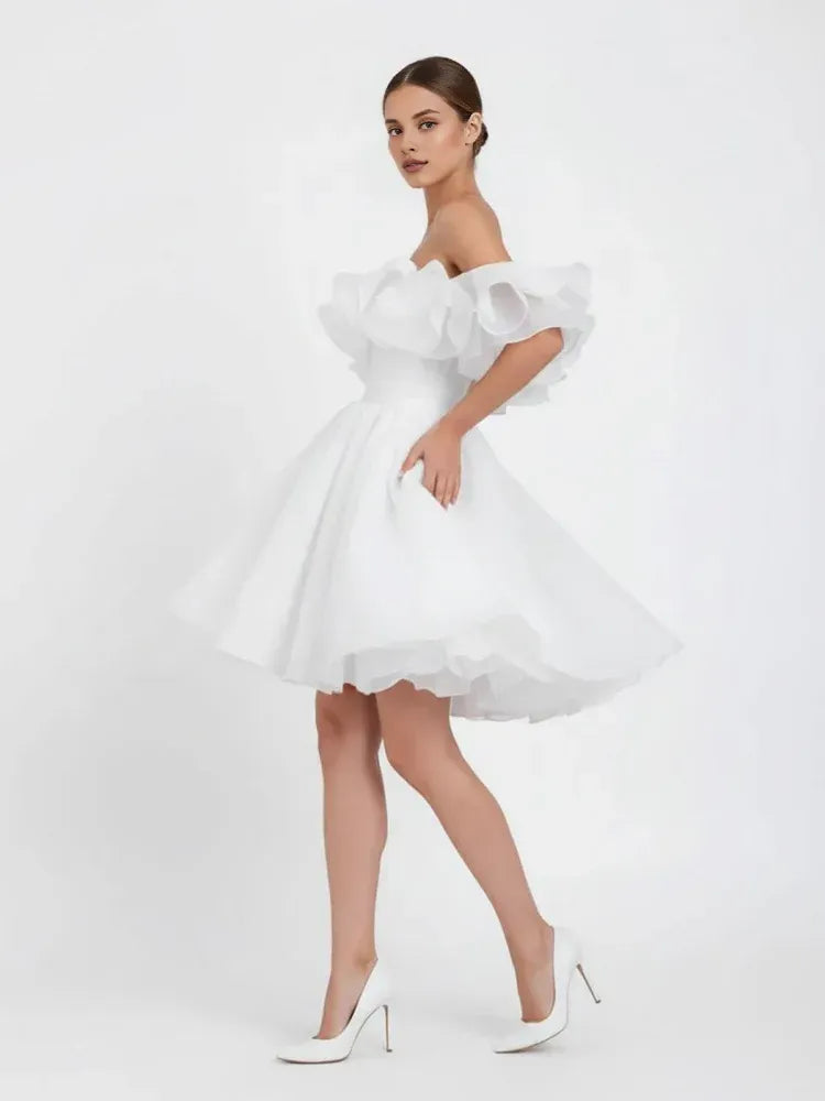 Cute A-Line Off-The-Shoulder Sleeveless Pleated Organza Short Mini Wedding Dress