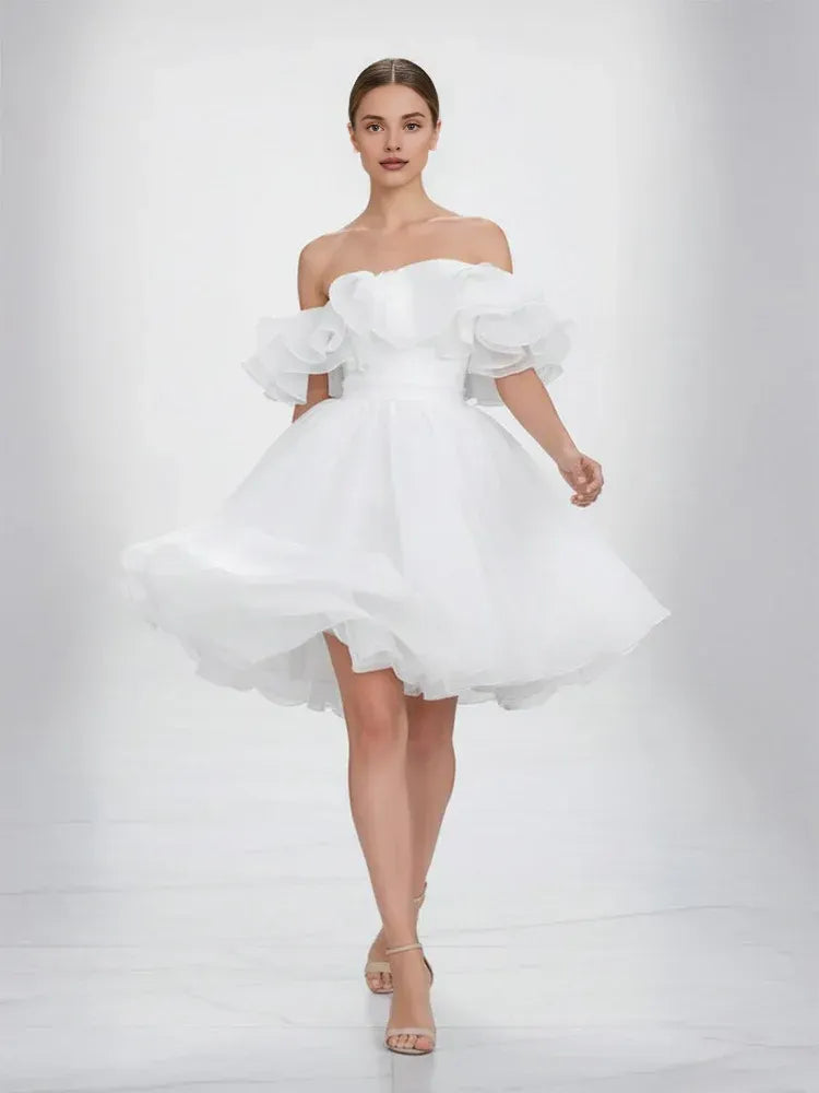 Cute A-Line Off-The-Shoulder Sleeveless Pleated Organza Short Mini Wedding Dress