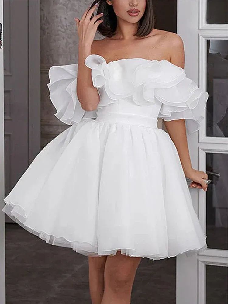Cute A-Line Off-The-Shoulder Sleeveless Pleated Organza Short Mini Wedding Dress