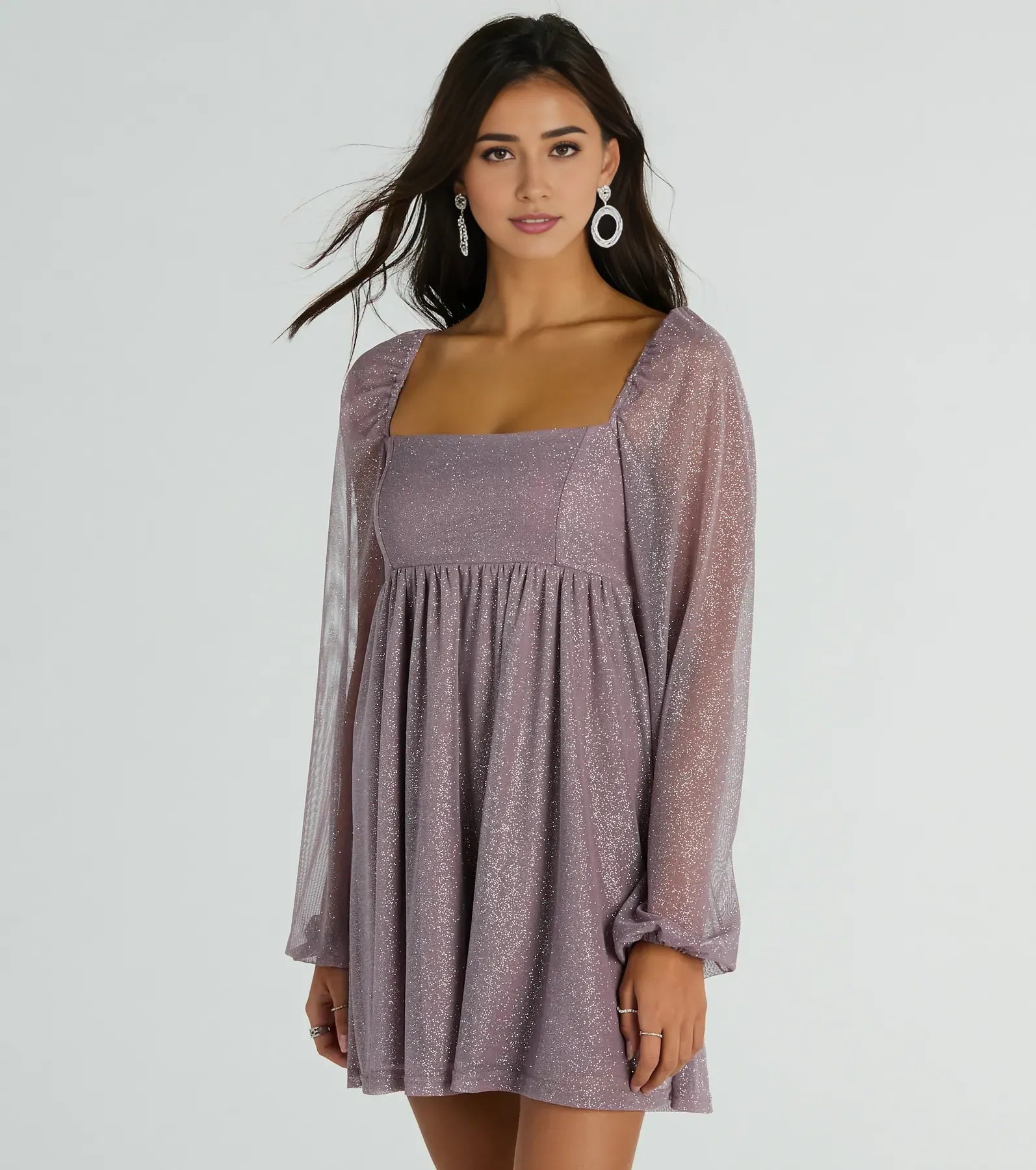 Cute A-Line Square Neck Long Sleeve Glitter Short-Mini Homecoming Dress