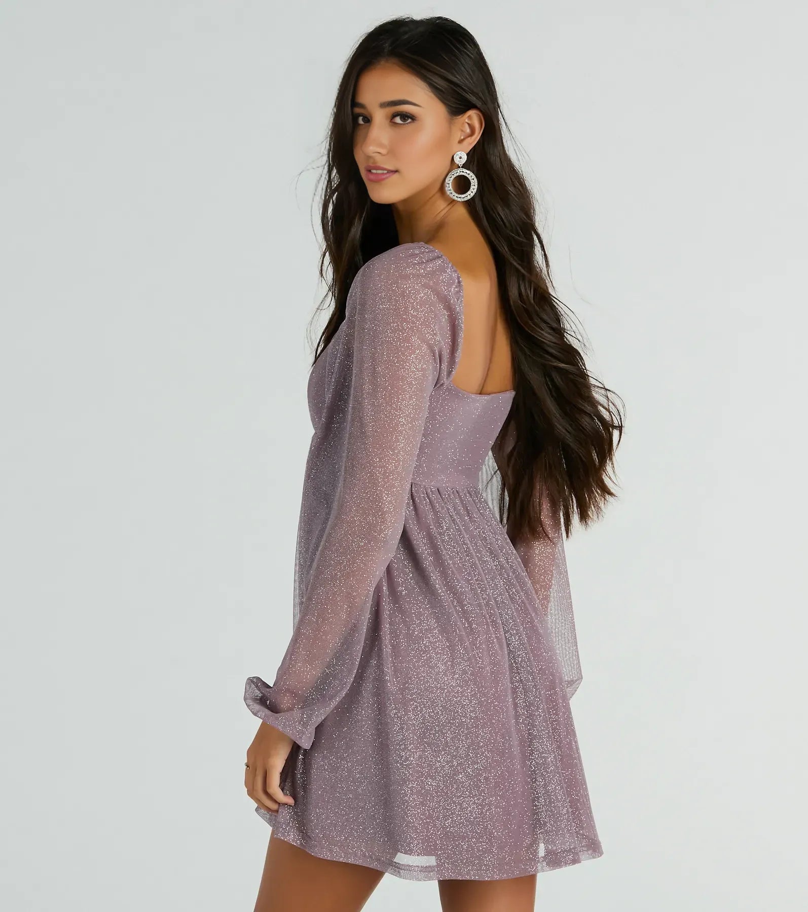 Cute A-Line Square Neck Long Sleeve Glitter Short-Mini Homecoming Dress