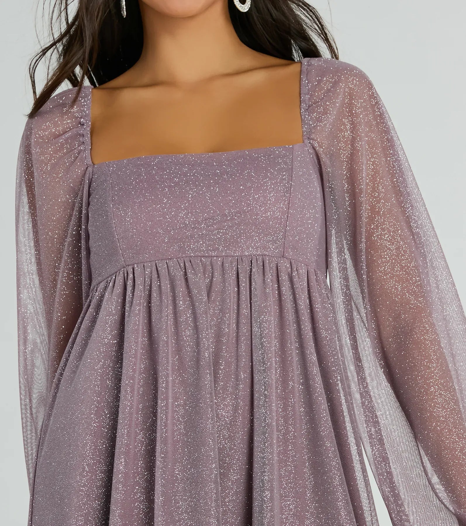 Cute A-Line Square Neck Long Sleeve Glitter Short-Mini Homecoming Dress