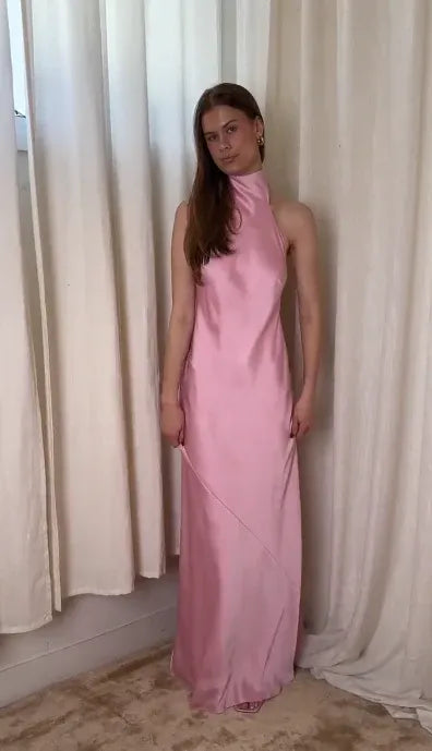 Cute Halter Sleeveless Sheath Satin Bow Long Prom Dress