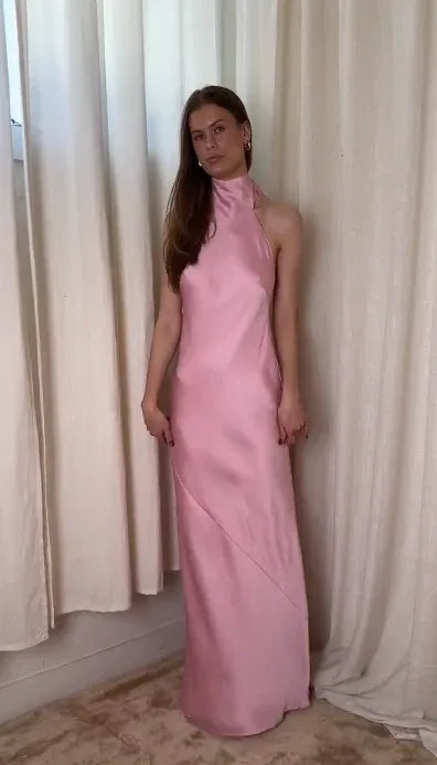 Cute Halter Sleeveless Sheath Satin Bow Long Prom Dress