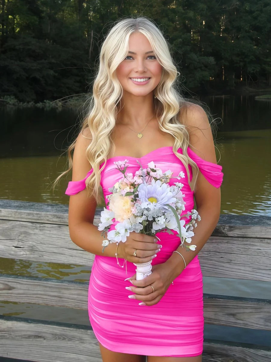 Cute Sheath/Column Off The Shoulder Sleeveless Lace Up Back Short-Mini Homecoming Dress