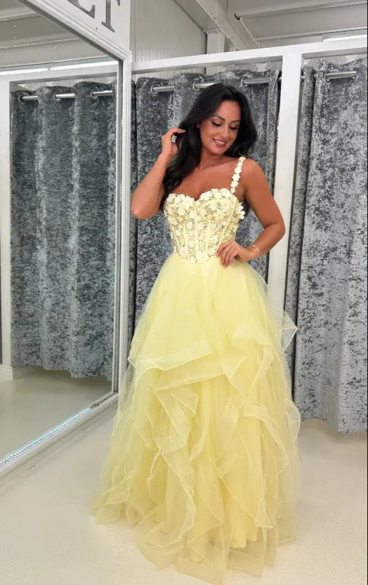 Cute Spaghetti Straps Sleeveless A-Line Appliques Tulle Floor-Length Prom Dress