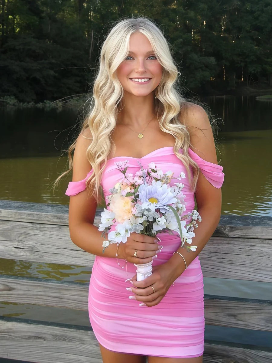 Cute Sheath/Column Off The Shoulder Sleeveless Lace Up Back Short-Mini Homecoming Dress