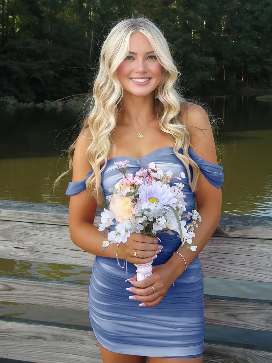 Cute Sheath/Column Off The Shoulder Sleeveless Lace Up Back Short-Mini Homecoming Dress