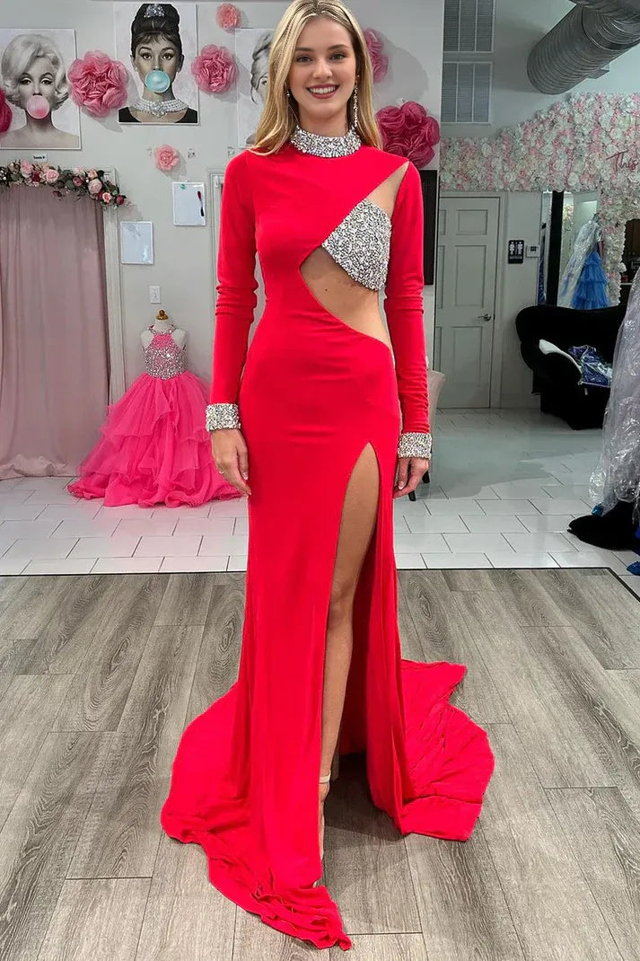 Vestidos de fiesta de sirena rojos con escote alto, manga larga y abertura alta 