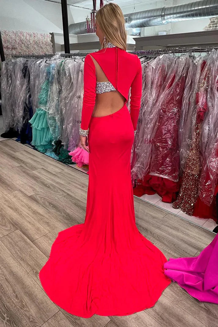 Vestidos de fiesta de sirena rojos con escote alto, manga larga y abertura alta 