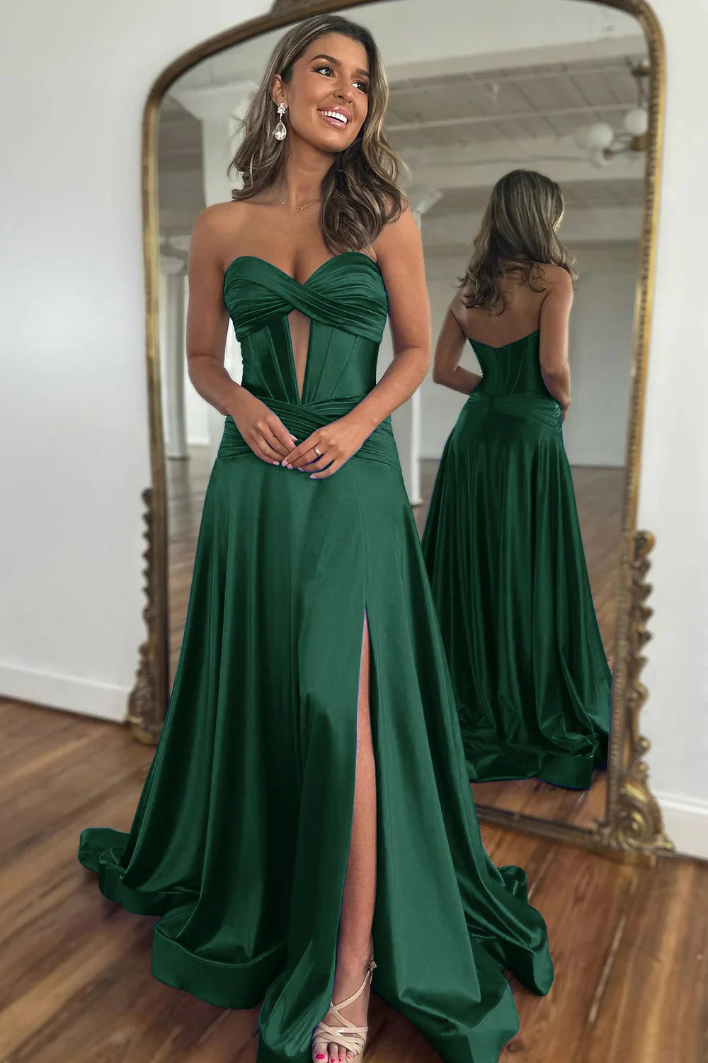 Vestido de fiesta largo de satén con escote en forma de corazón y cremallera en la espalda con abertura