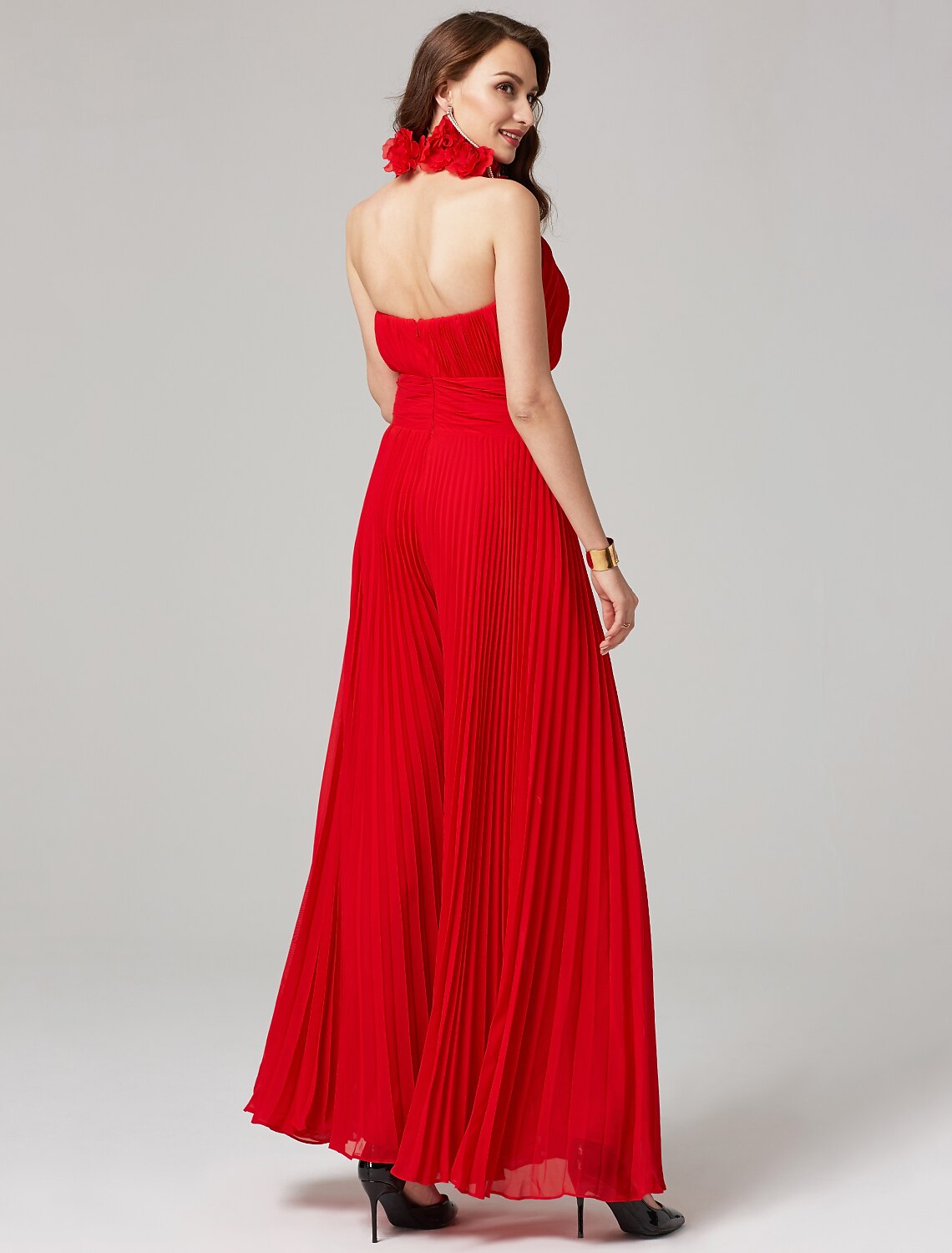 Jumpsuits Hot Dress Valentine's Day Wedding Guest Floor Length Sleeveless High Neck Chiffon Backless with Pleats