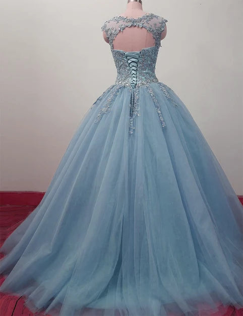 Sparkly Ballgown Illusion Cap Sleeve Lace Up Train Long Prom Dress