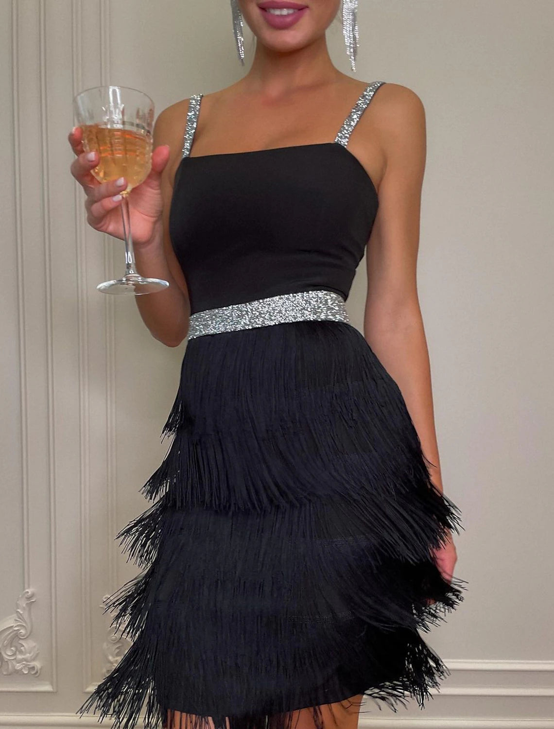 Women's Black Sequin Dress Fringe Dress Party Dress Sparkly Dress Little Black Dress Sexy Dress Cocktail Homecoming Dress Dress Mini Dress Sleeveless Tassel Spring Spaghetti Strap