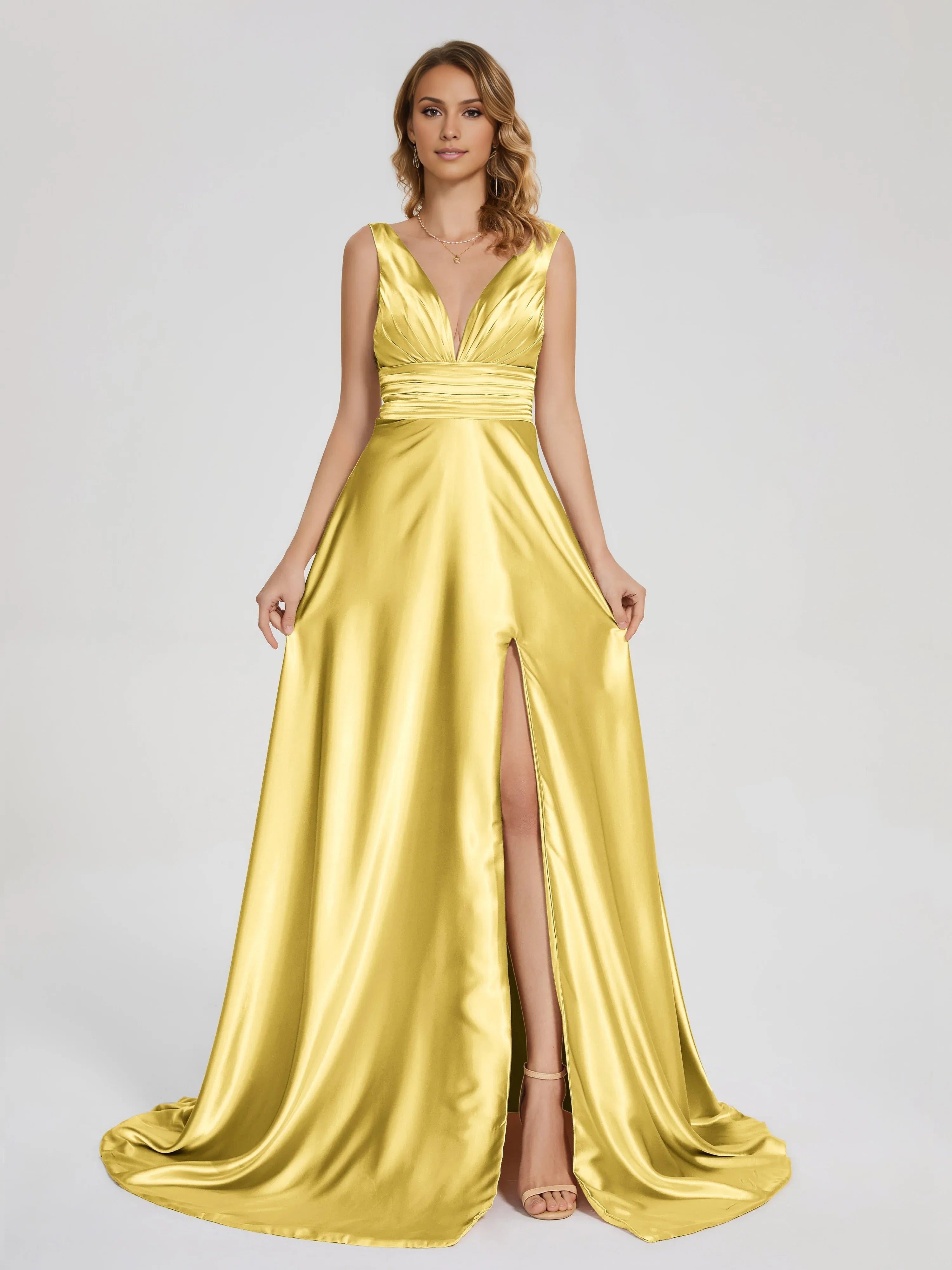 Charming A-line V-neck Sleeveless V-back Sweep/Brush Train Prom Dress