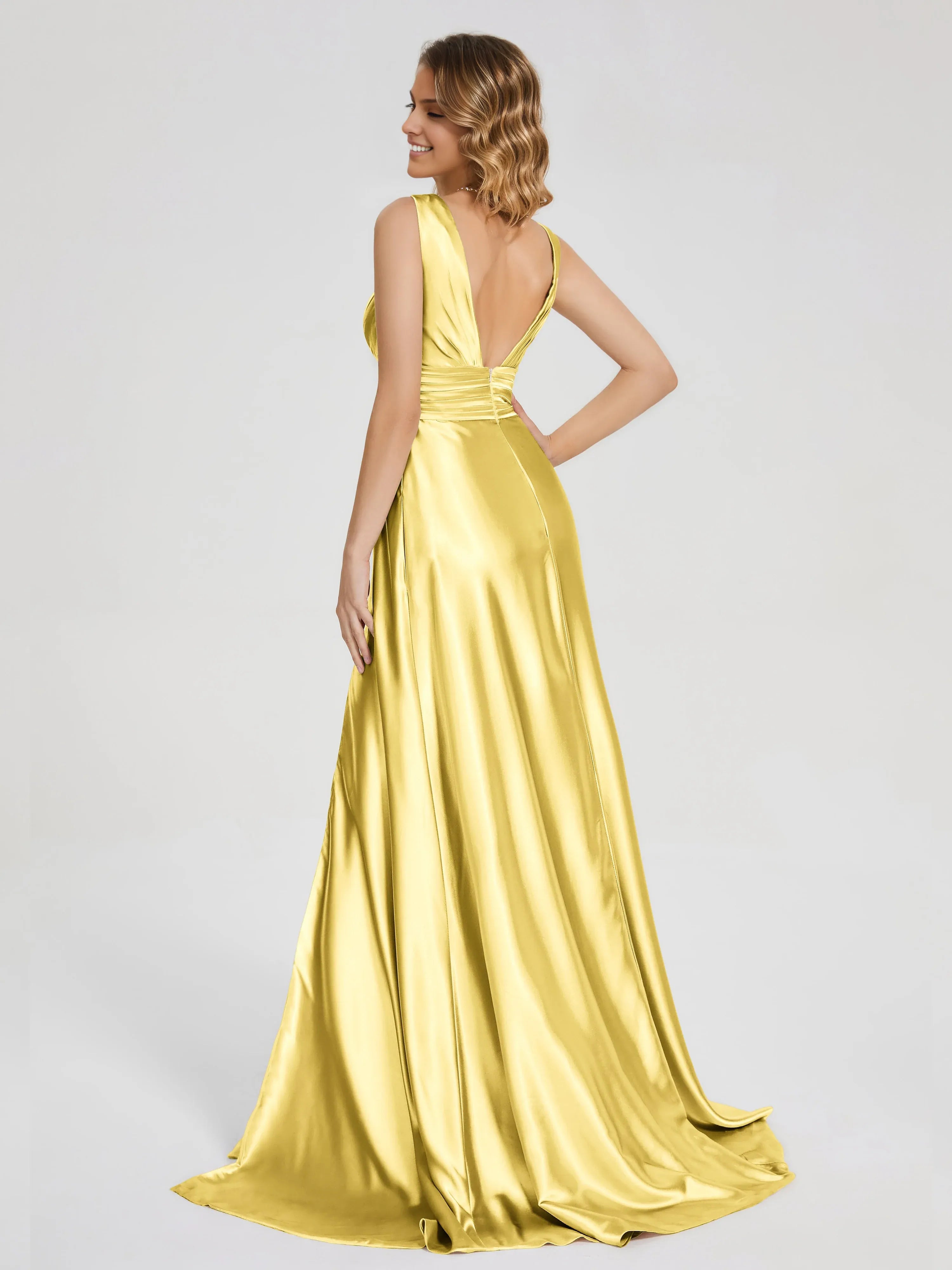 Charming A-line V-neck Sleeveless V-back Sweep/Brush Train Prom Dress