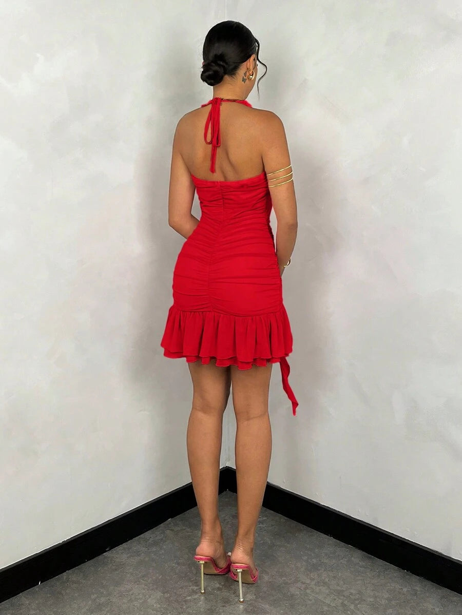 Daring Bodycon Halter V Neck Ruffled 3D Floral Red Mini Homecoming Dress