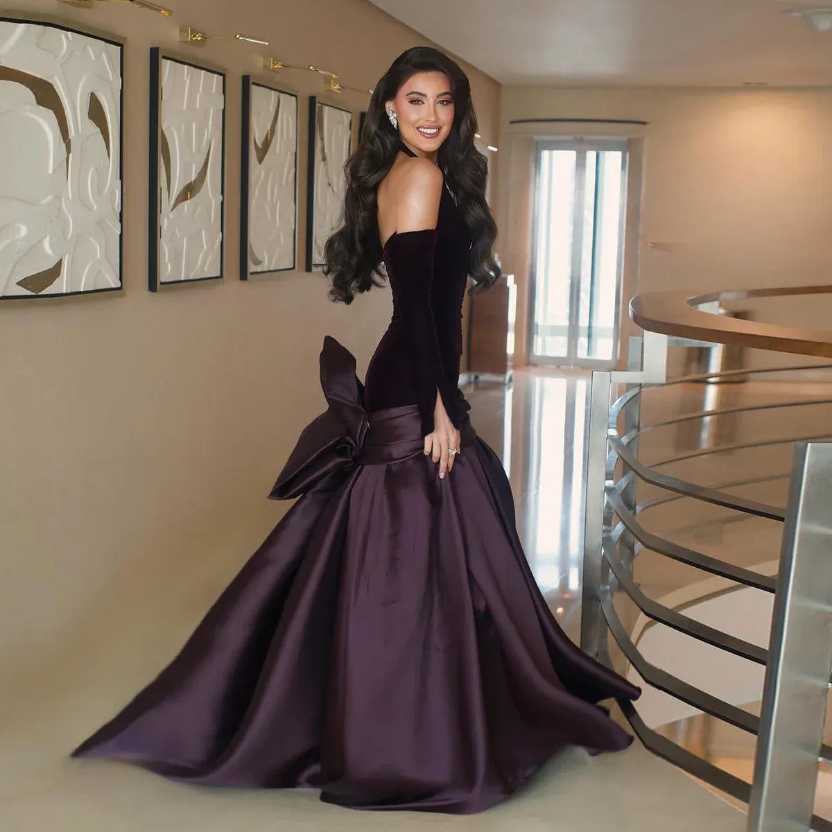 Dark Purple Halter Off Shoulder Velvet Satin Mermaid Formal Evening Gown
