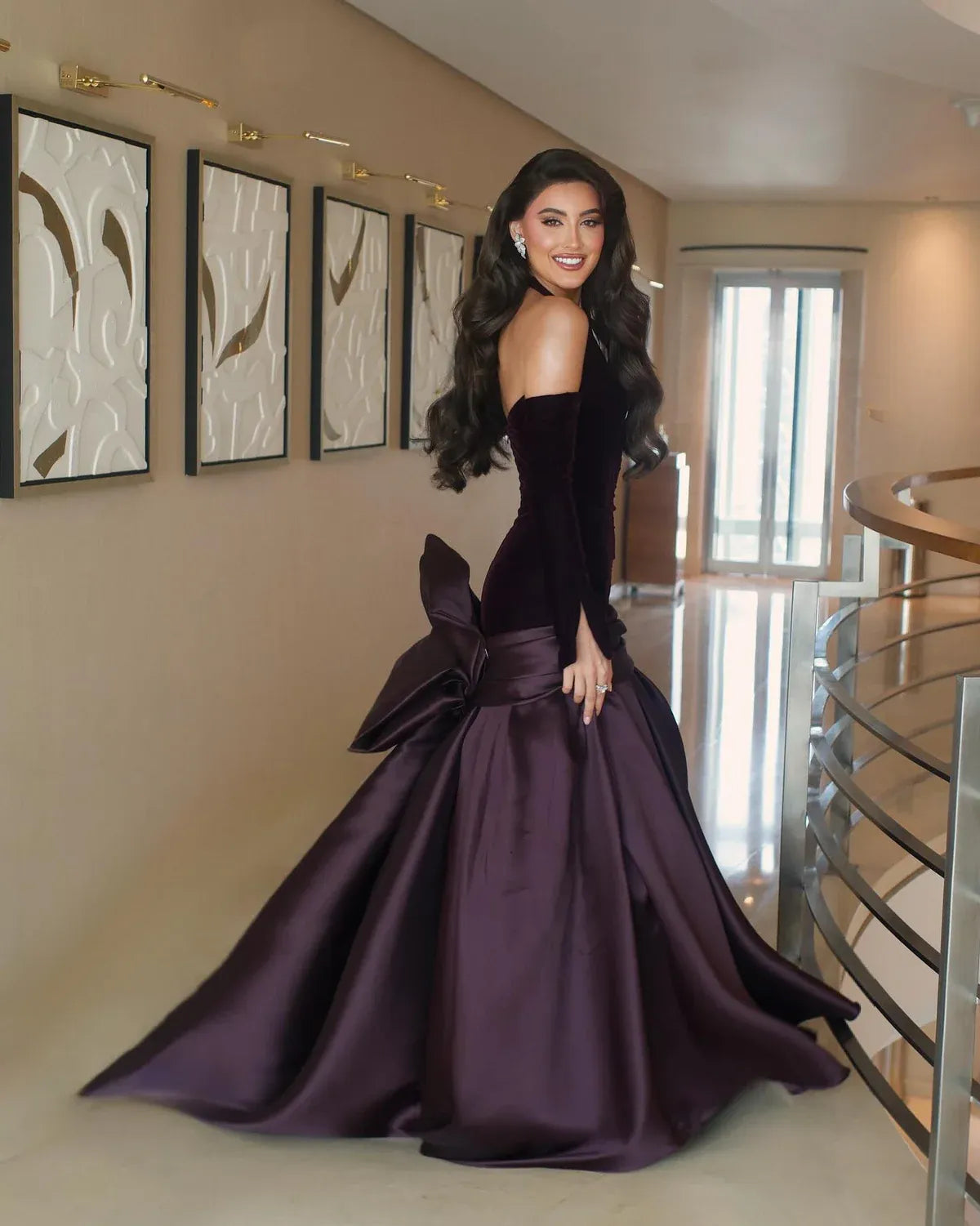 Dark Purple Halter Off Shoulder Velvet Satin Mermaid Formal Evening Gown