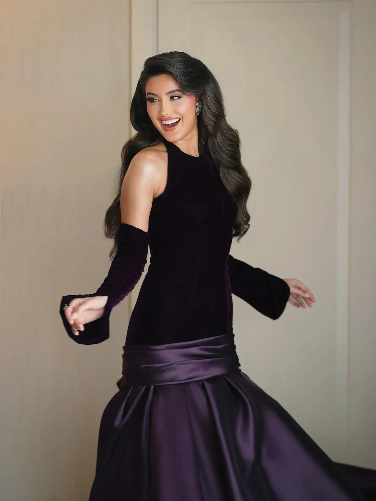 Dark Purple Halter Off Shoulder Velvet Satin Mermaid Formal Evening Gown