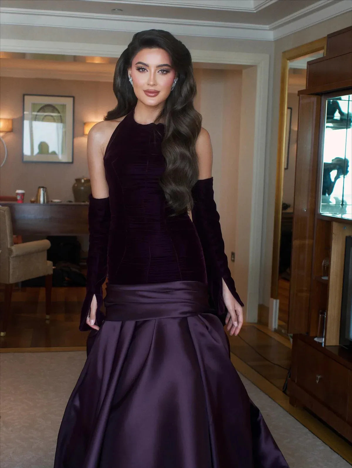 Dark Purple Halter Off Shoulder Velvet Satin Mermaid Formal Evening Gown
