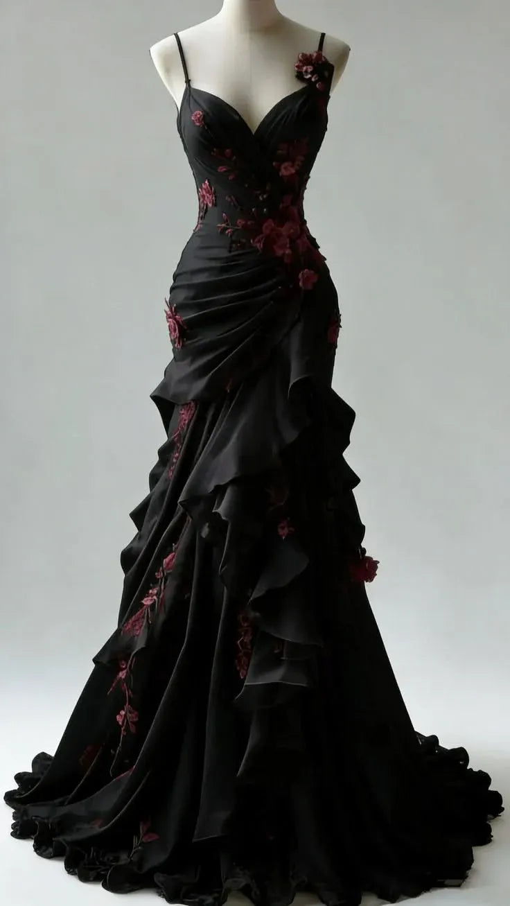 Dark Romantic Mermaid Spaghetti Strap 3D Floral Ruffle Evening Gown