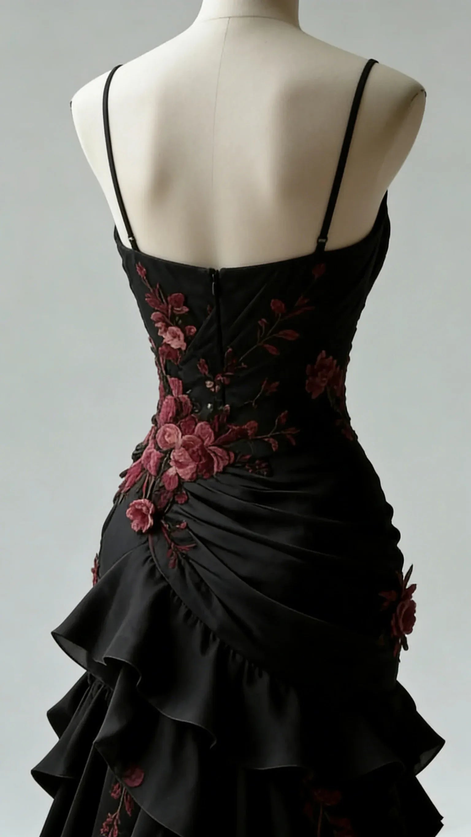 Dark Romantic Mermaid Spaghetti Strap 3D Floral Ruffle Evening Gown