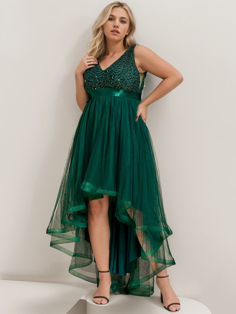 Robe de soirée grande taille Weitese sans manches en tulle à paillettes et ruban à taille haute