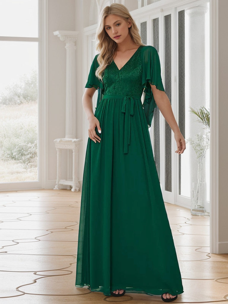 Weitese Deep V Neck Lace Bodice Long Flowy Evening Dress