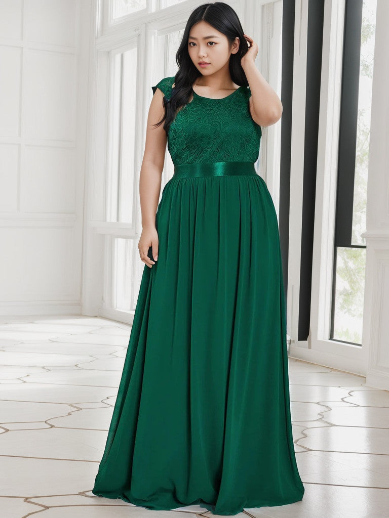 Robe de demoiselle d'honneur Weitese grande taille, classique, col rond, dos en V, coupe trapèze, en mousseline de soie et dentelle