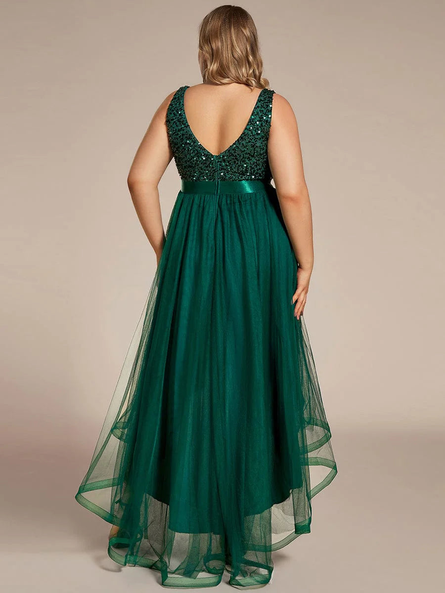 Robe de soirée grande taille Weitese sans manches en tulle à paillettes et ruban à taille haute