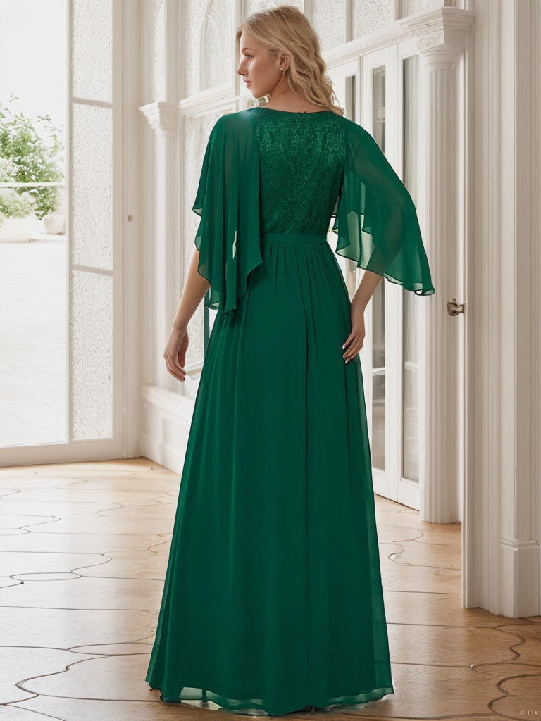 Weitese Deep V Neck Lace Bodice Long Flowy Evening Dress