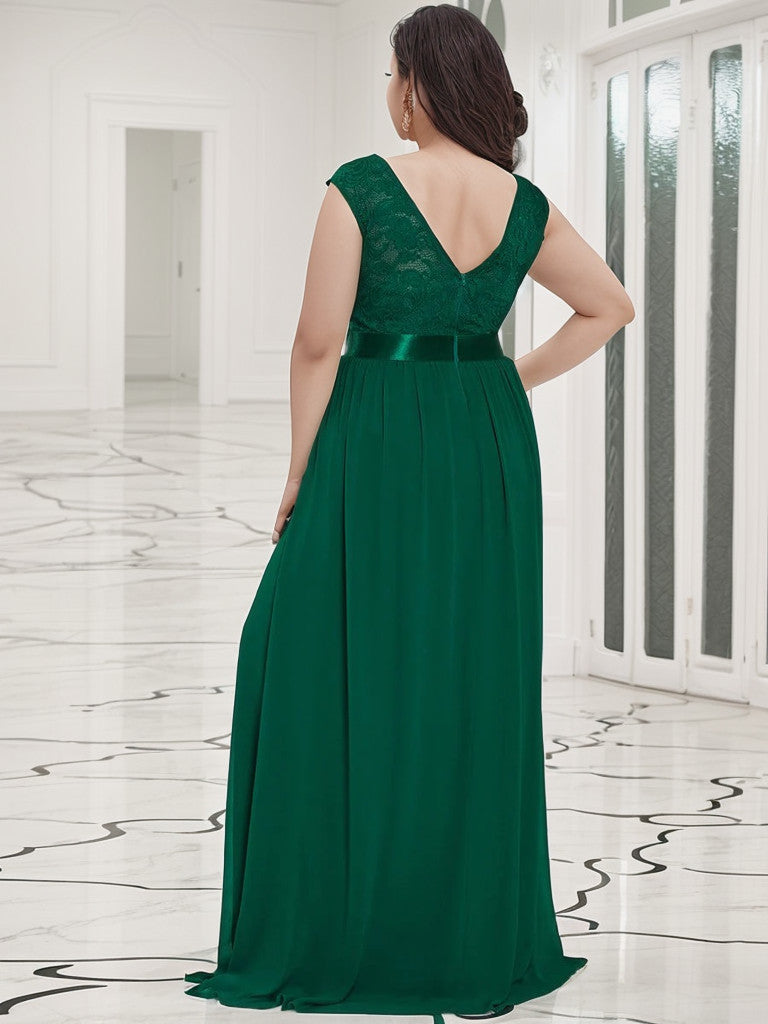 Robe de demoiselle d'honneur Weitese grande taille, classique, col rond, dos en V, coupe trapèze, en mousseline de soie et dentelle