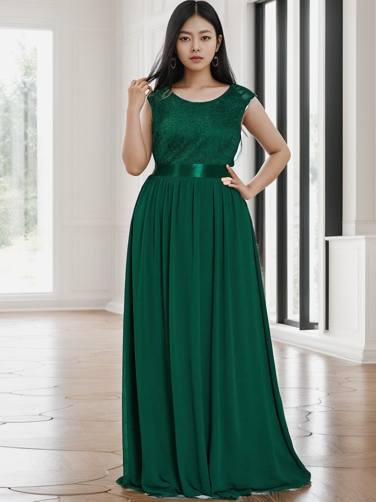 Robe de demoiselle d'honneur Weitese grande taille, classique, col rond, dos en V, coupe trapèze, en mousseline de soie et dentelle