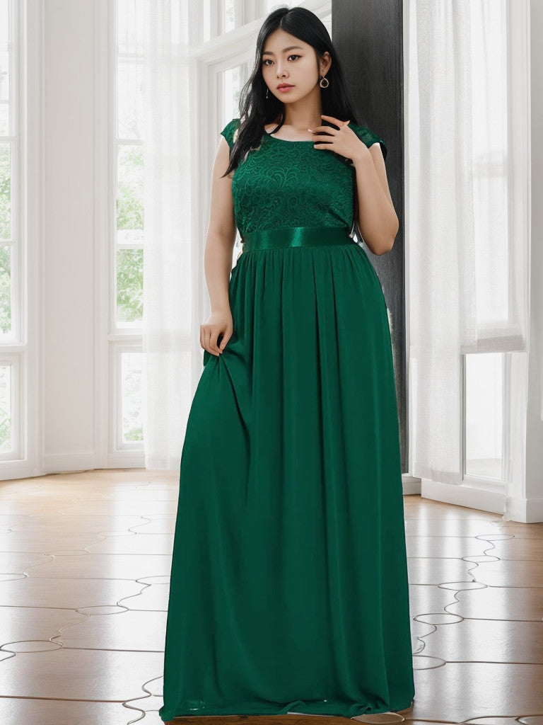 Robe de demoiselle d'honneur Weitese grande taille, classique, col rond, dos en V, coupe trapèze, en mousseline de soie et dentelle