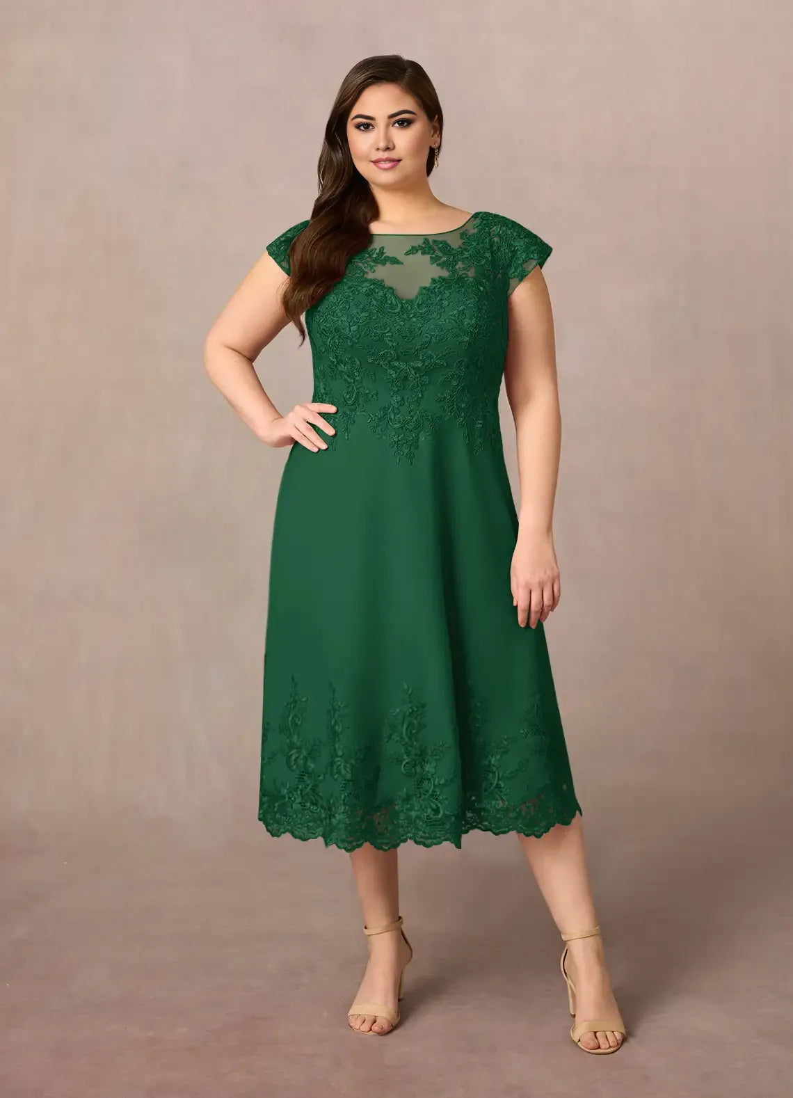 Robe trapèze vert foncé en dentelle, longueur thé, manches courtes, couleur unie, style vintage, grande taille, pour mère de la mariée 