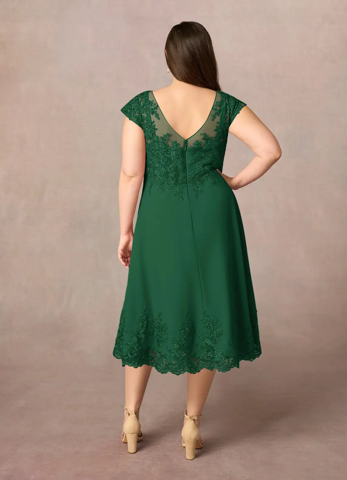 Robe trapèze vert foncé en dentelle, longueur thé, manches courtes, couleur unie, style vintage, grande taille, pour mère de la mariée 