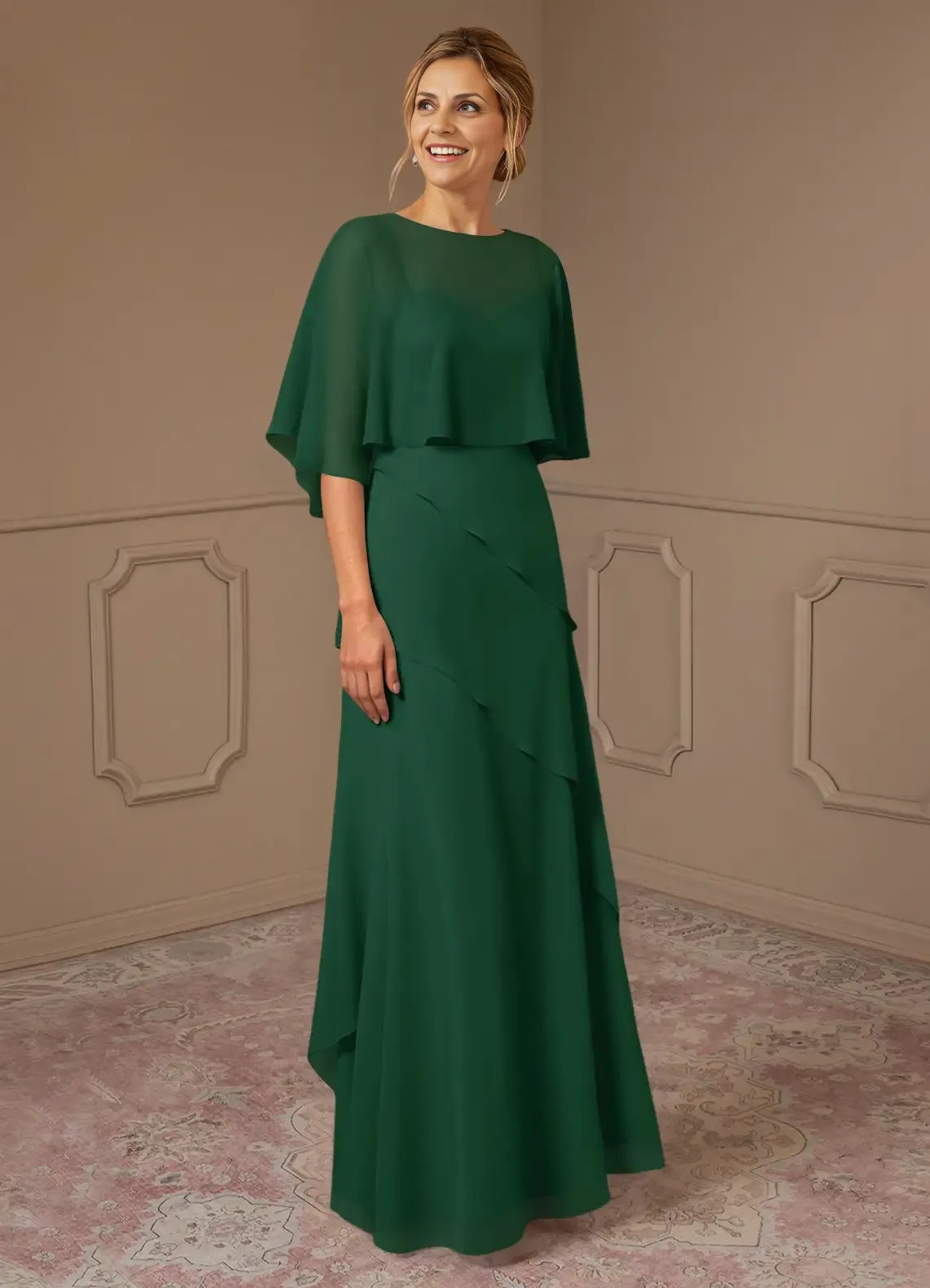 Weitese Dress A-Line Scoop Neck Chiffon Dress Mother Of The Bride Dresses Elegant Cap Sleeves Capelet Evening Dress