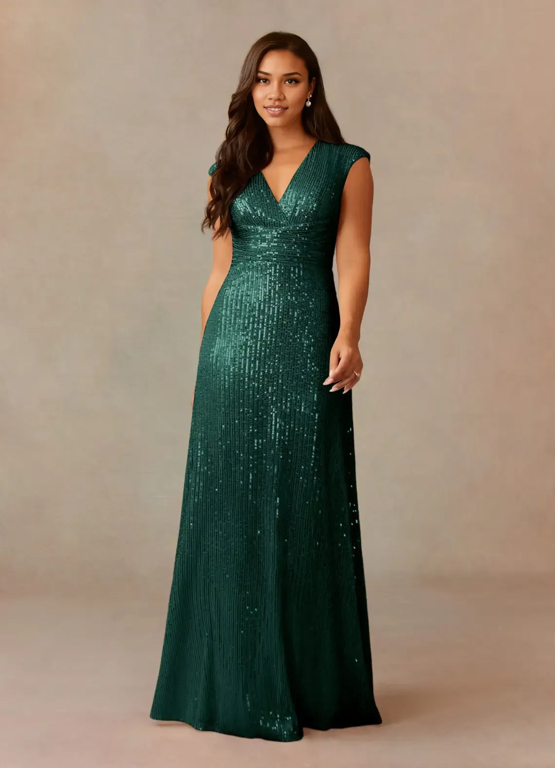 Weitese Dress Champagne A-Line V-Neck Ruched Sequins Mother Of The Bride Dresses Cap Sleeves Back Zip Ruffle Evening Dress