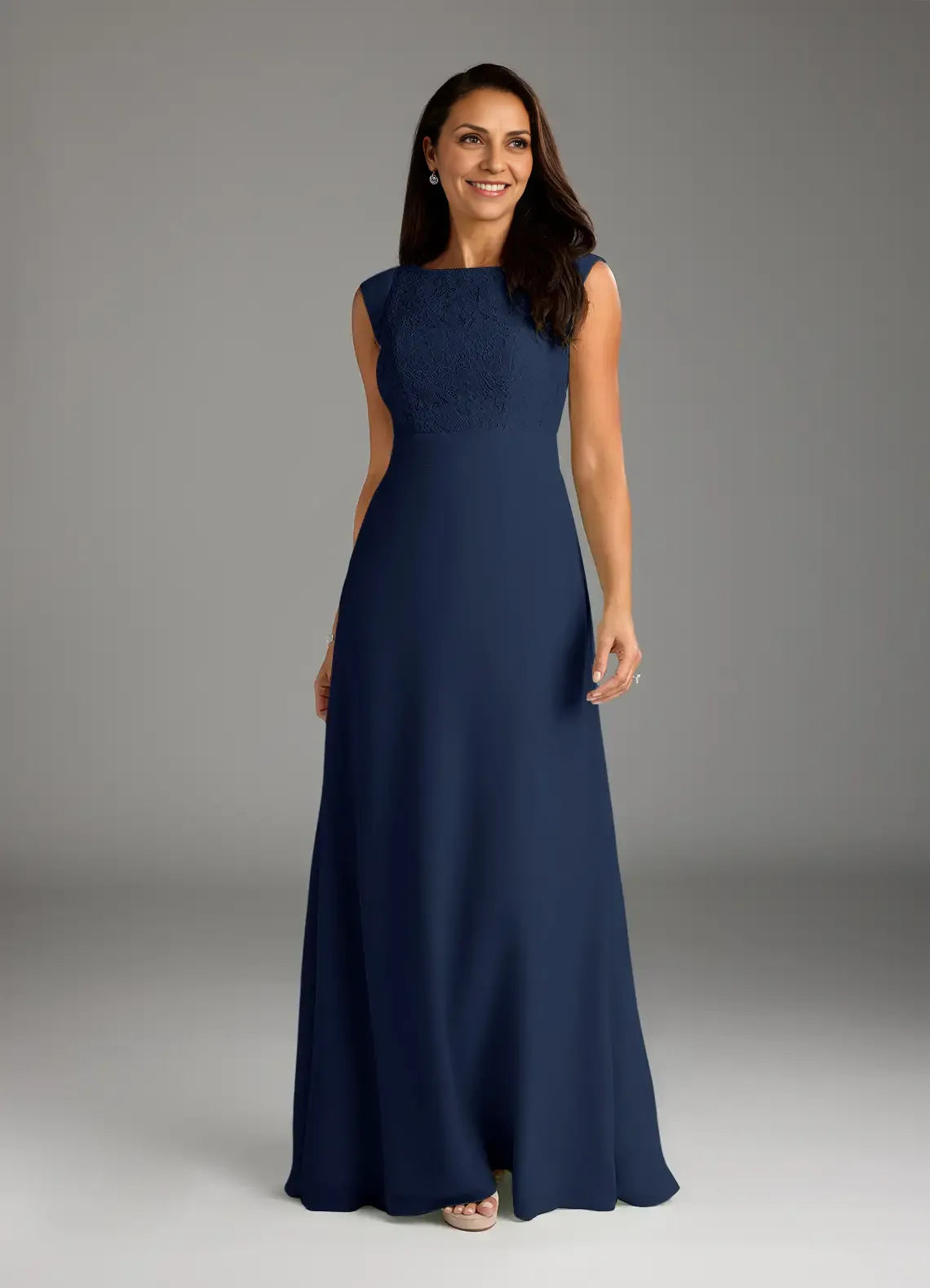 Dark Navy A-Line Lace Floor-Length Dress Sleeveless Solid Color Elegant Scoop Neck Mother of the Bride Dress