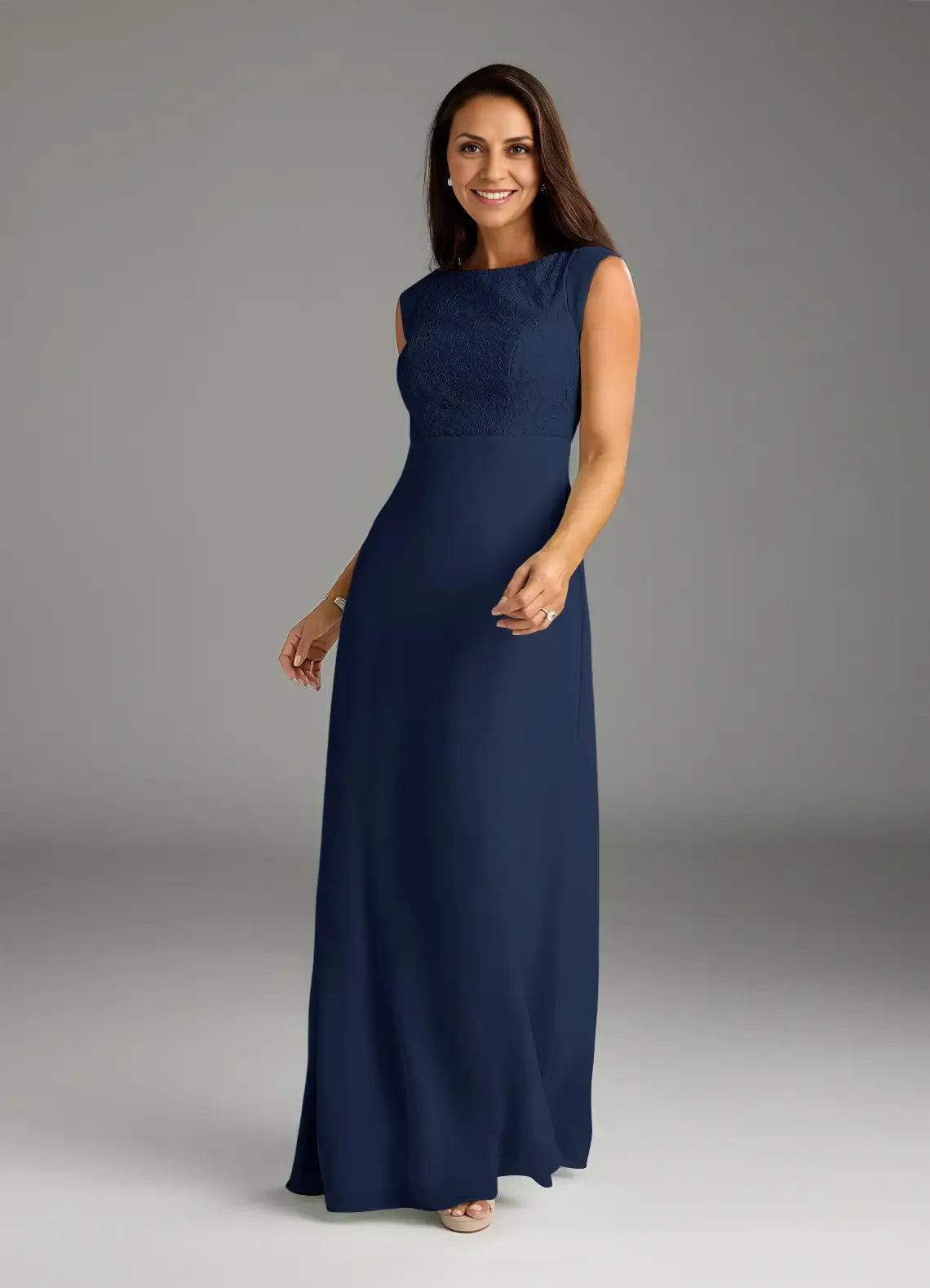 Dark Navy A-Line Lace Floor-Length Dress Sleeveless Solid Color Elegant Scoop Neck Mother of the Bride Dress
