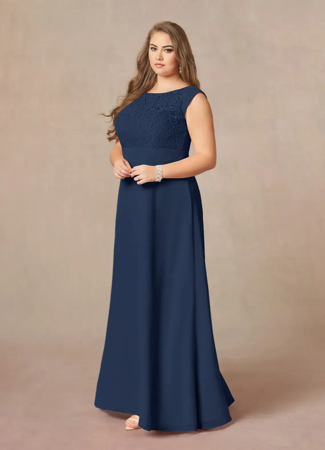 Robe trapèze bleu marine foncé en dentelle, longueur au sol, sans manches, couleur unie, élégante, col rond, grande taille, pour mère de la mariée 