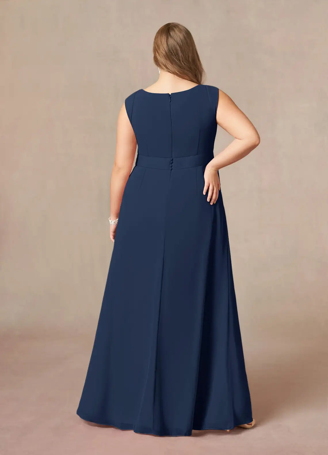 Robe trapèze bleu marine foncé en dentelle, longueur au sol, sans manches, couleur unie, élégante, col rond, grande taille, pour mère de la mariée 